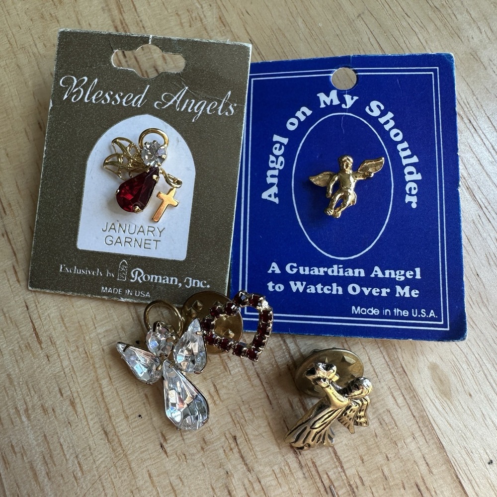 VTG Four Guardian Angel Cherub Lapel Pins Crystal Red Garnet Gold Tone‎ Metal